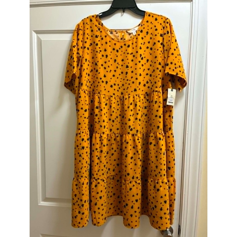 Terra & Sky Womens 0X Mustard Animal Print Tiered Dress Short Sleeve Boho NWT